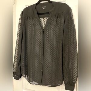 Ann Taylor Black Swiss Dot Sheer Blouse Long Sleeve Button Front LT Large Tall